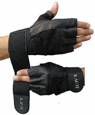 ILARTE Leather Gym Gloves for Man Women Fitness Gym Workout Foam Padded with Double Wrap Elastic Wrist Support 50 cm