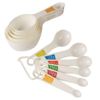 MeRaYo™ Premium Plastic Measuring Cups and Spoon Set with Ring Holder for Baking and Cooking, 12 Piece Set (White Color)
