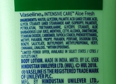 Vaseline Intensive Care Aloe Fresh Body Lotion Ingredient